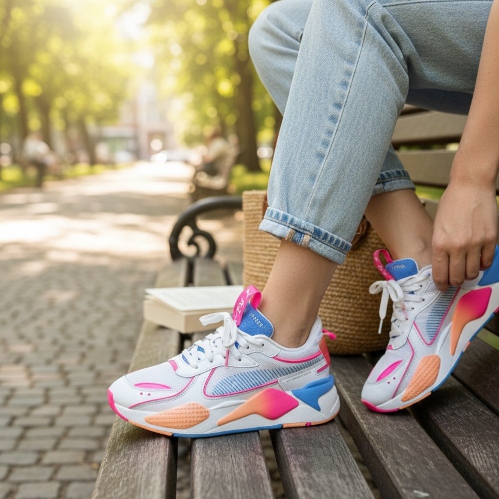 Puma Women's RS-X Pop Lace Up White Pink blue running sneakers shoes size 8.5
